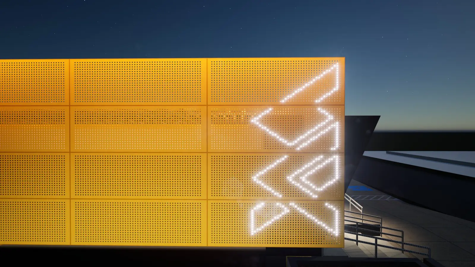 Detalhe de fachada iluminada projetada pela UP! Arquitetura